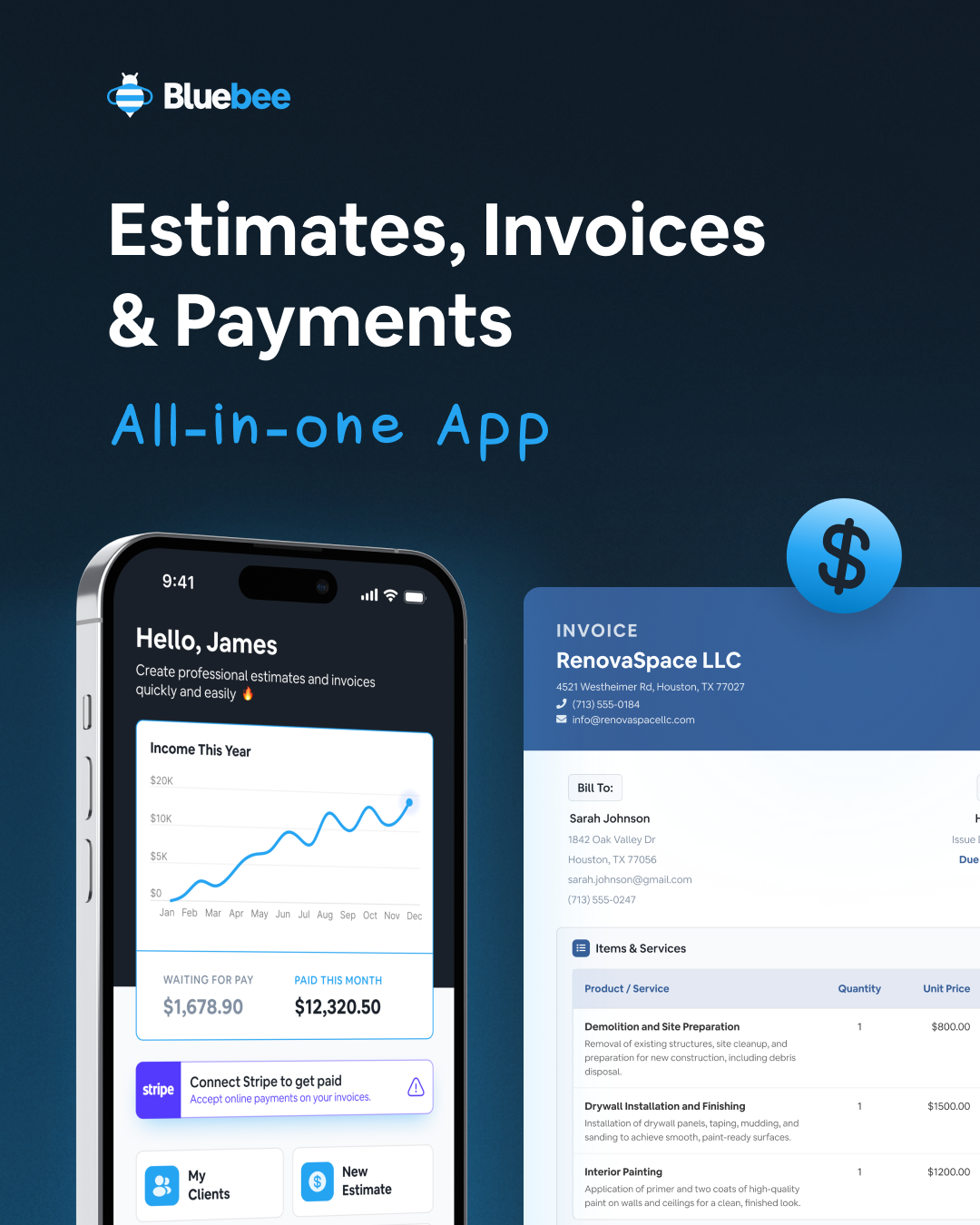 BlueBee App dashboard showing income tracking and quick actions