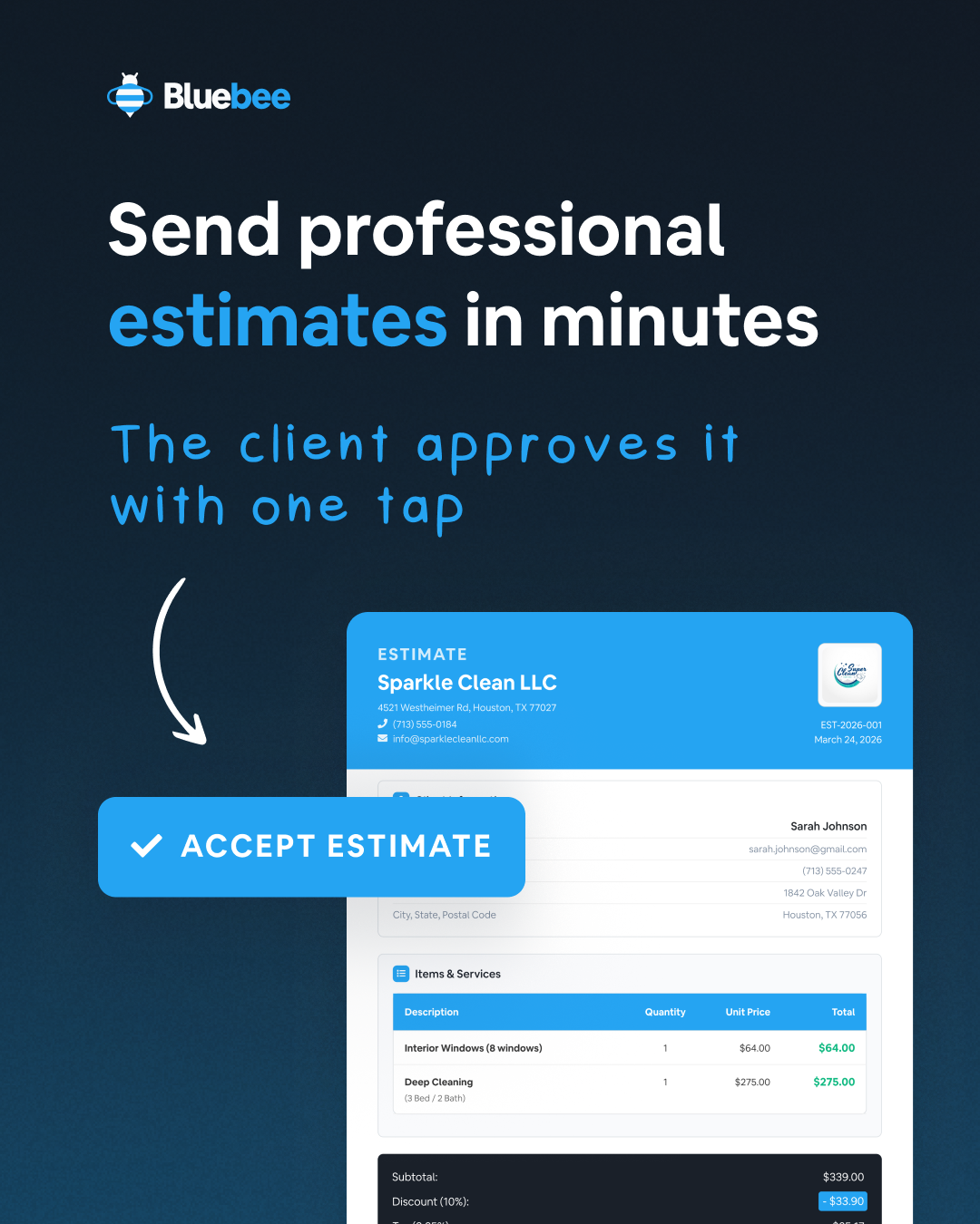 Professional estimates and invoices created with BlueBee App