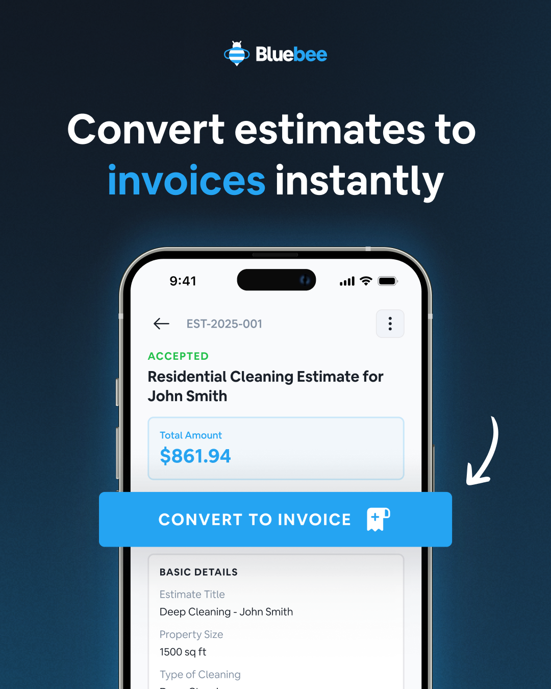 BlueBee App estimates and invoices interface showing professional documents