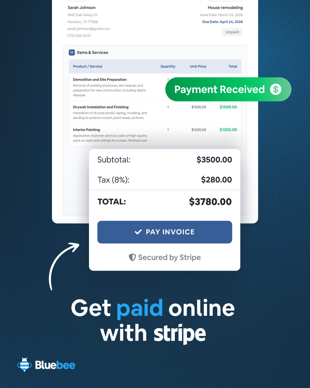 Get paid online with Stripe through BlueBee App