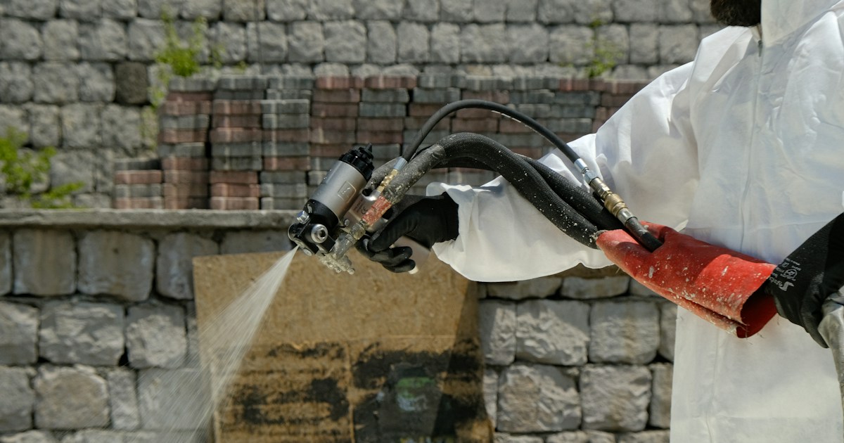 Profesional de control de plagas rociando tratamiento en pared exterior