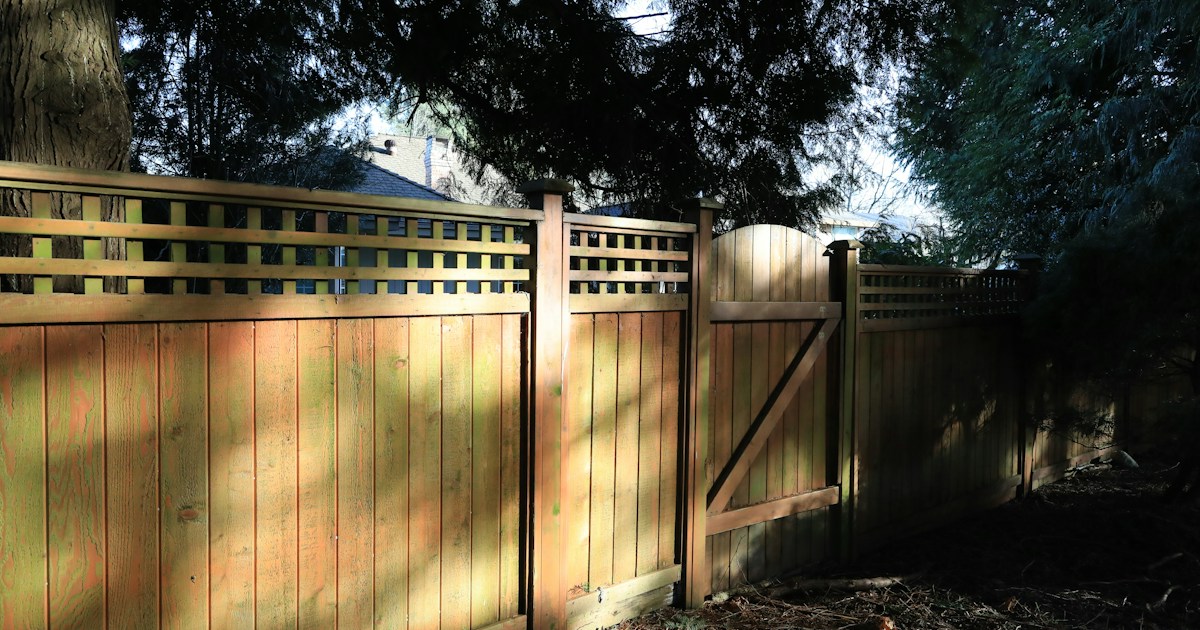 Hermosa cerca de madera con enrejado y puerta en patio trasero